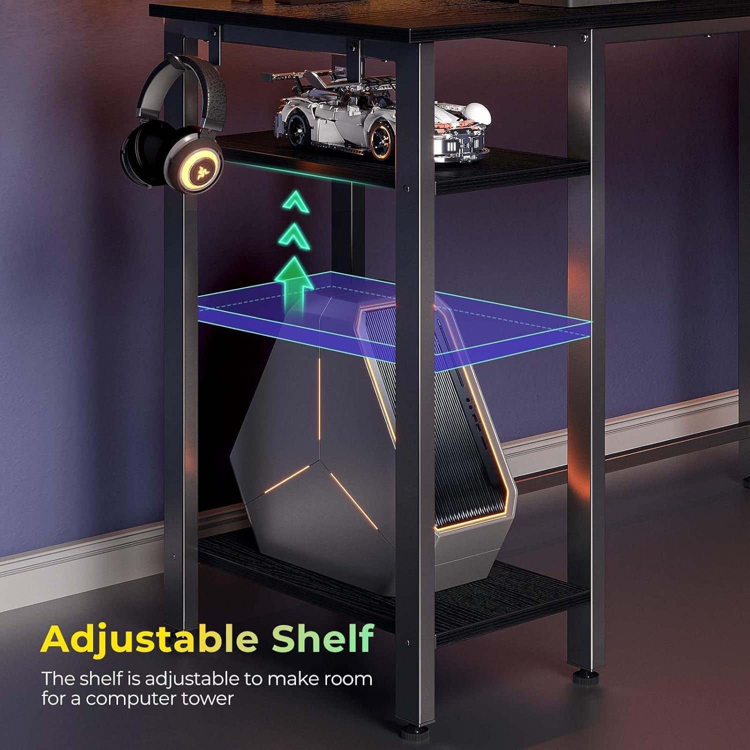 L Shaped Gaming Desk 46 Inch With LED Lights And Power Outlets