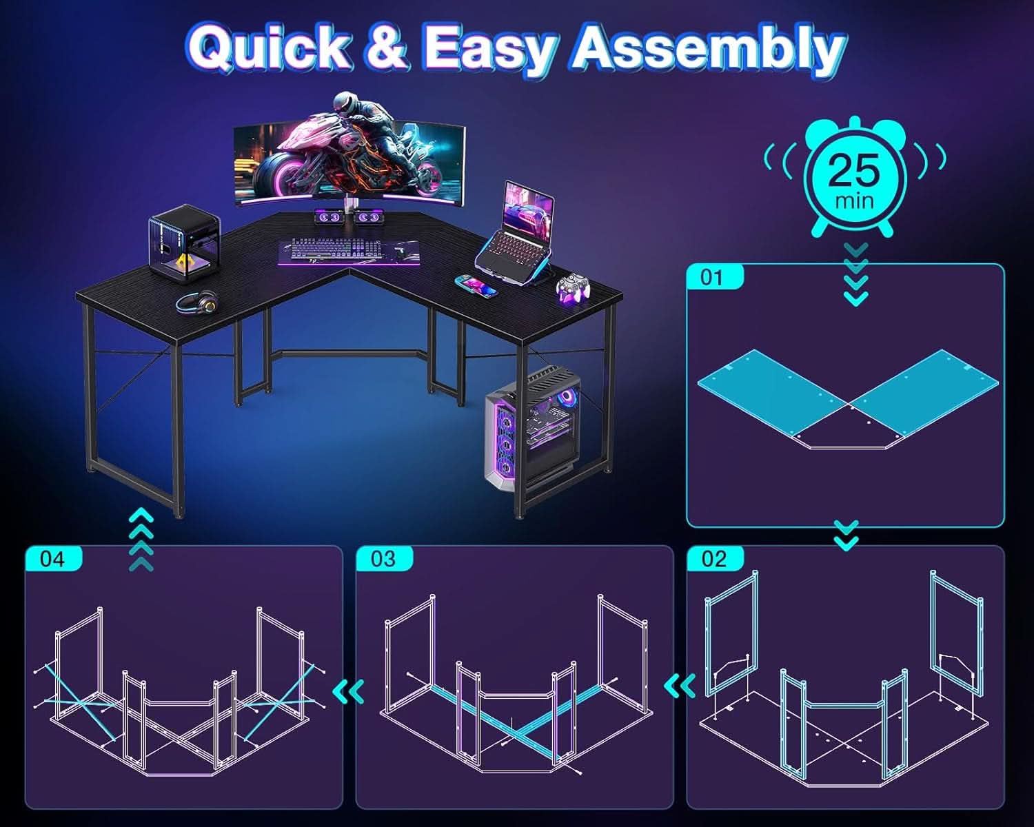 L Shaped Gaming Desk 51 Inch Black Easy To Assemble