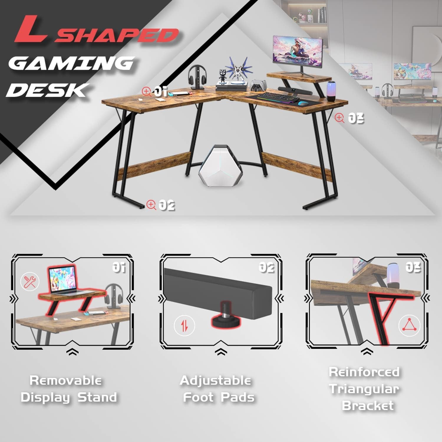 L Shaped Gaming Desk 51 Inch With Monitor Riser Brown