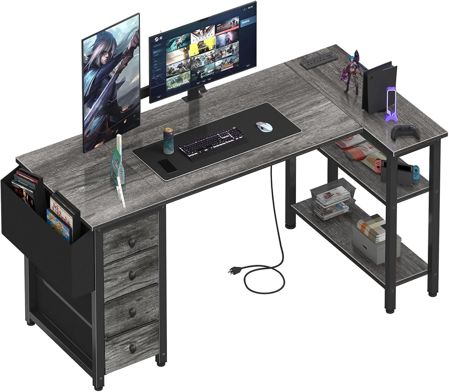 L Shaped Gaming Desk With Power Outlet And Storage