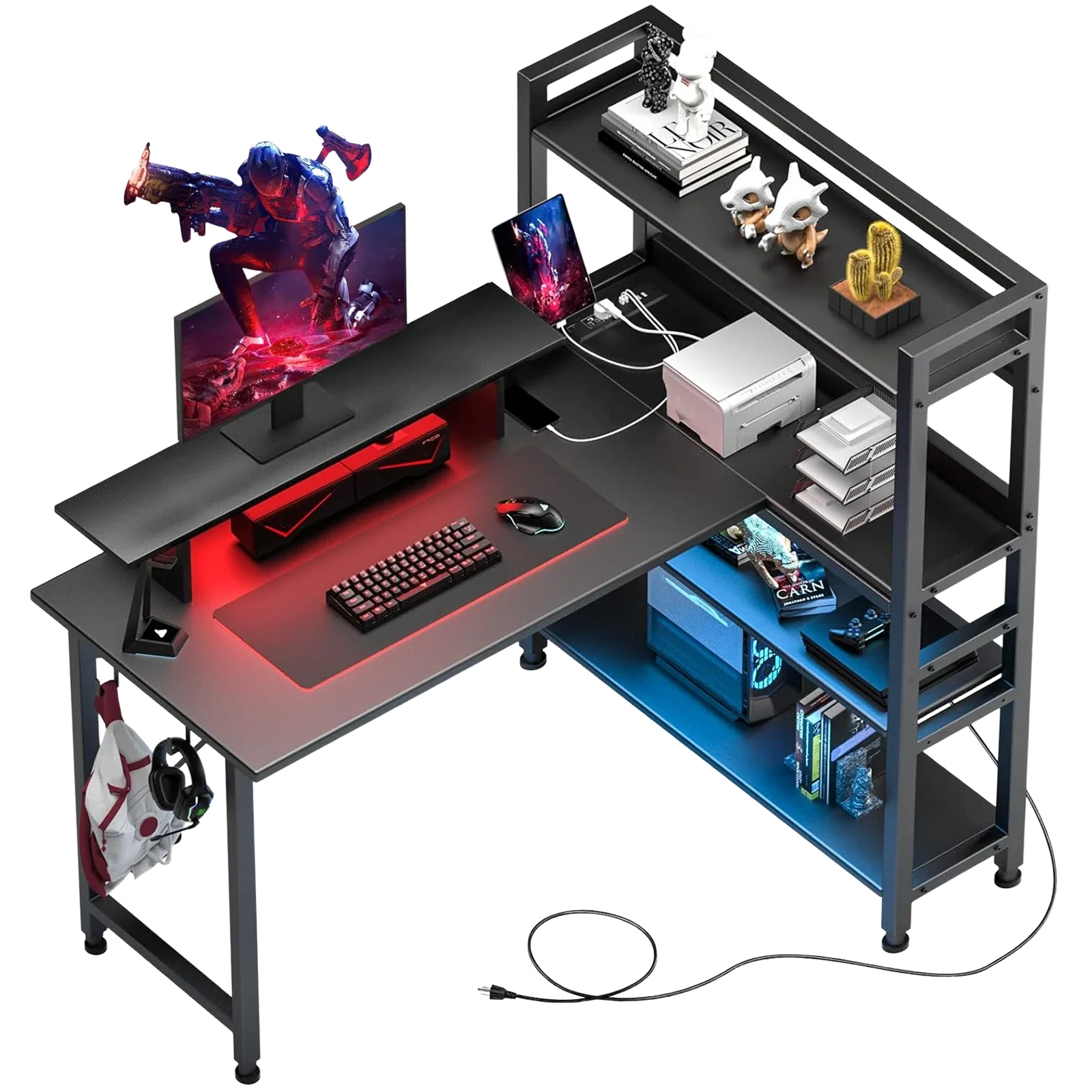 L-Shaped LED Gaming Desk with Monitor Stand
