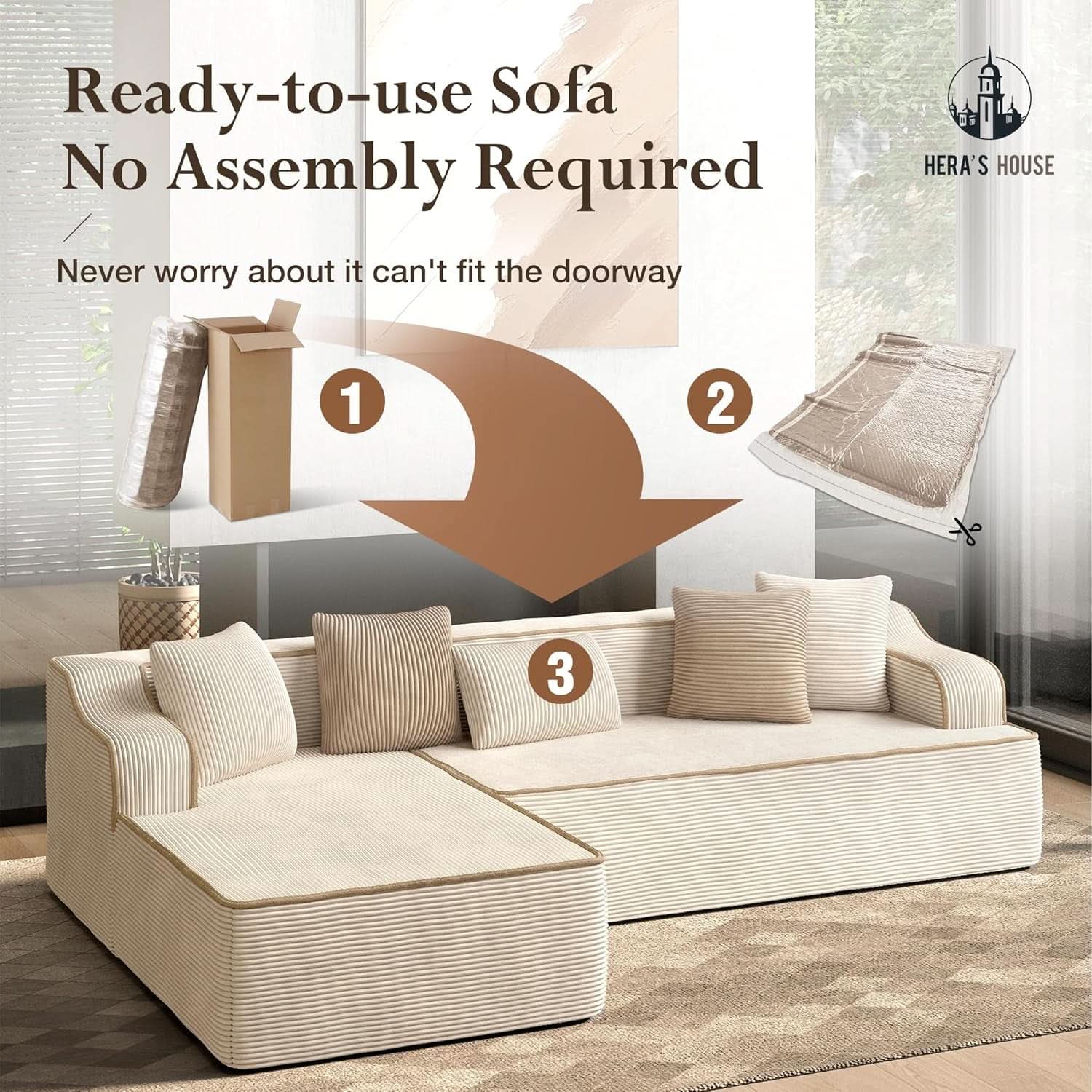 L Shaped Modern Sofa with Chaise and Pillows
