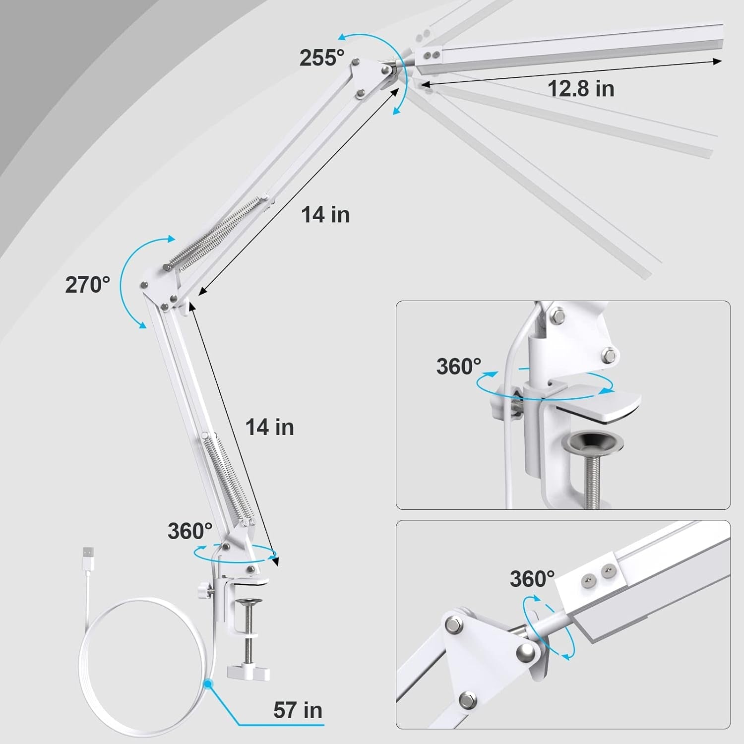 LED Desk Lamp With Clamp And Swing Arm White 3 Color Modes