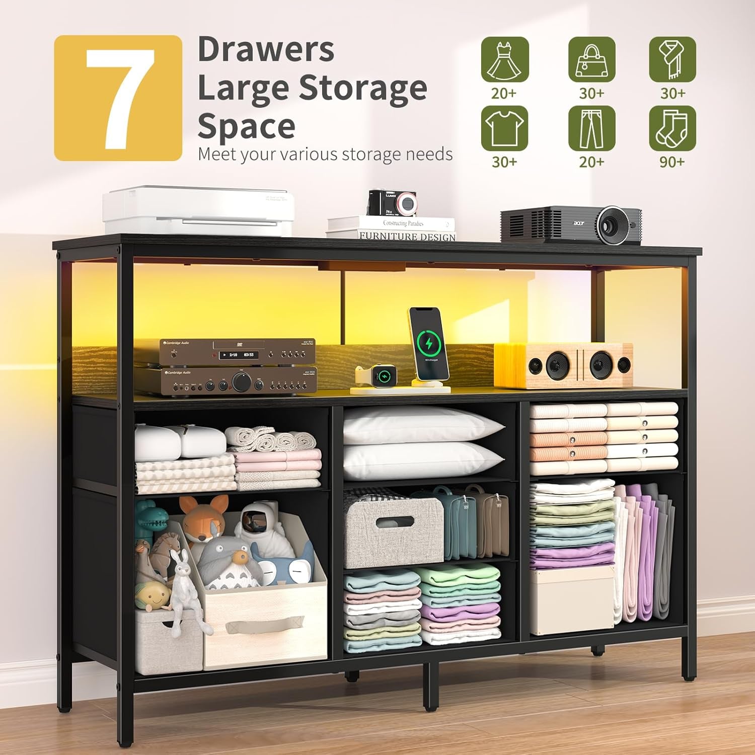 LED TV Stand Dresser With 7 Fabric Drawers For 50 Inch TVs