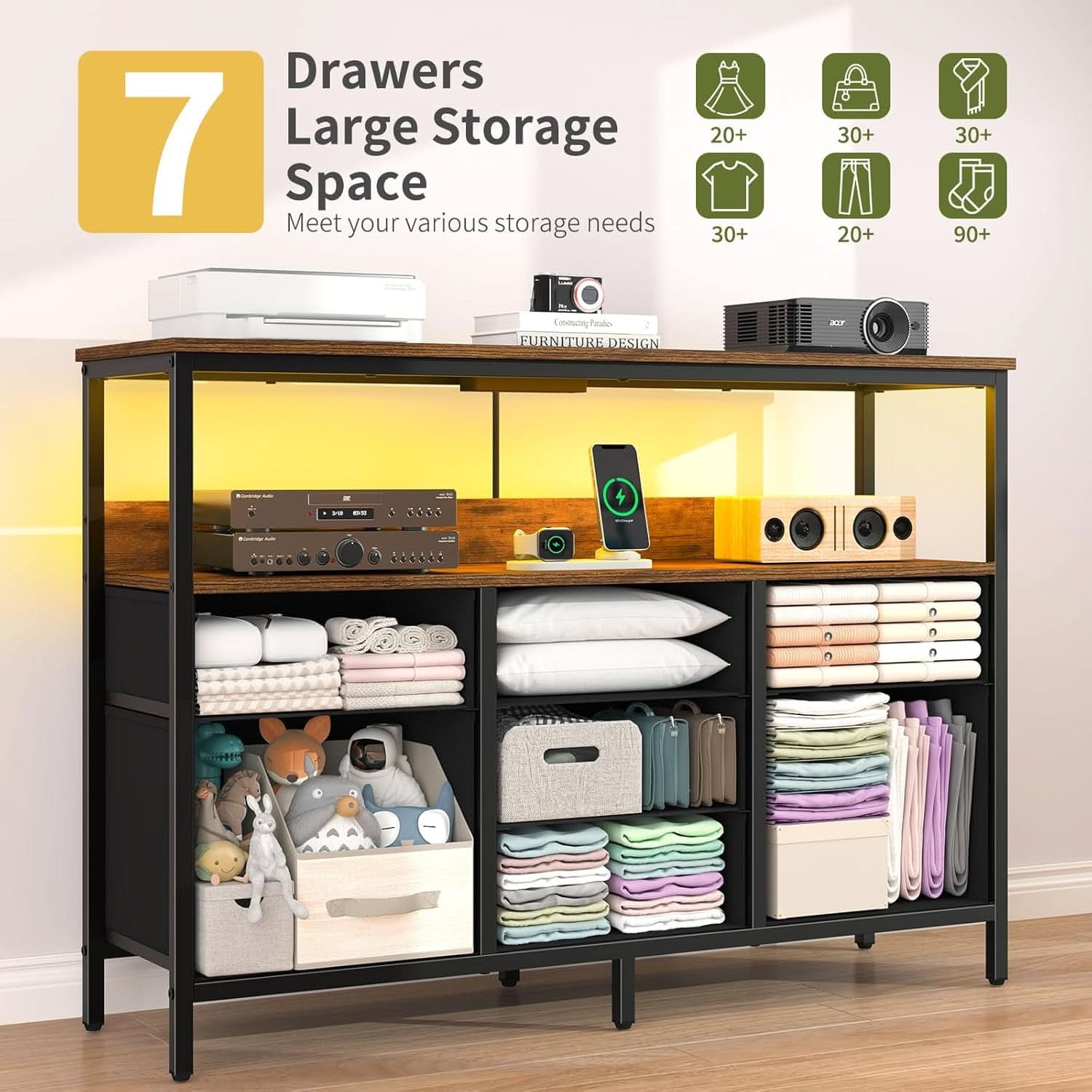 LED TV Stand With 7 Fabric Drawers And Charging Station
