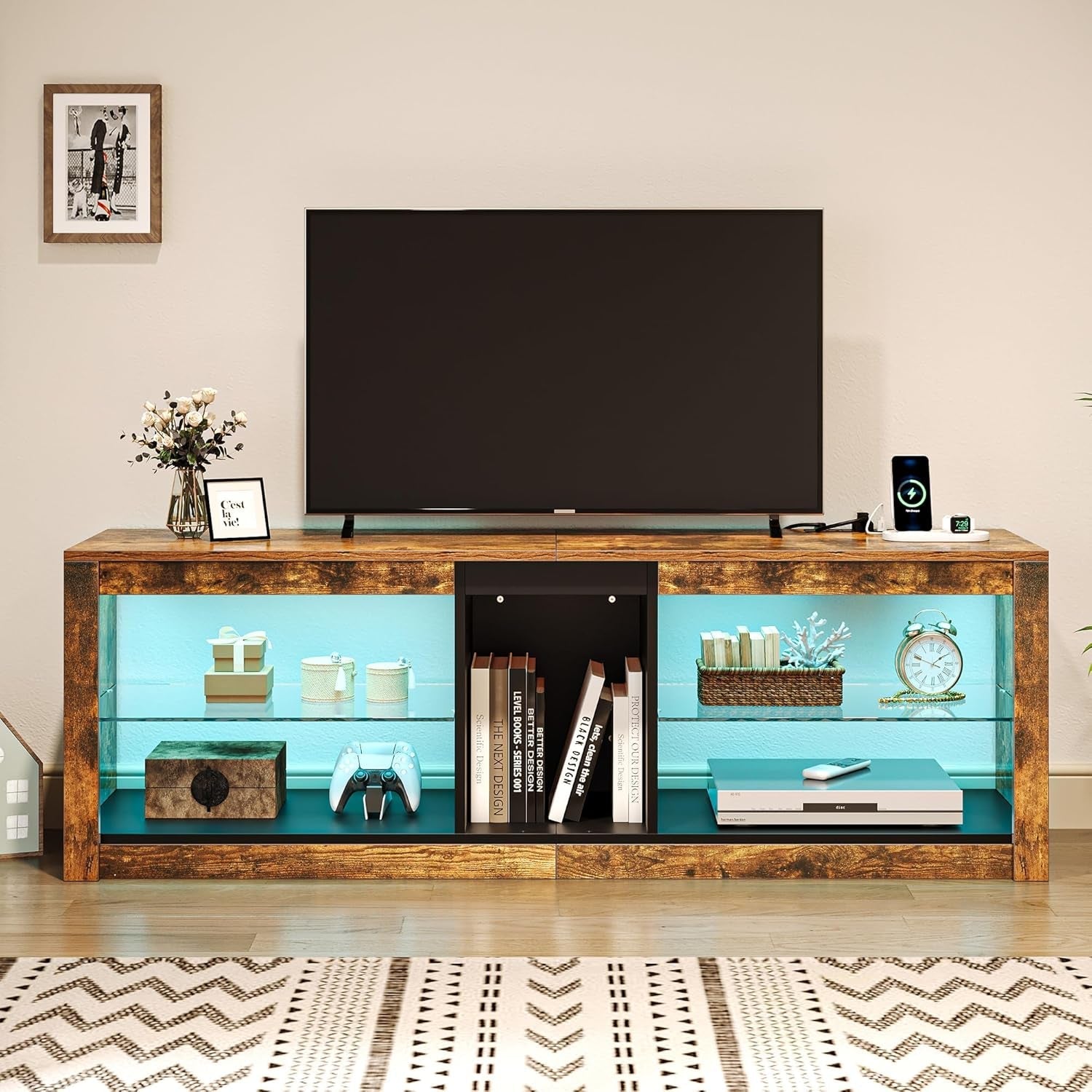 LED TV Stand With RGB Lighting And Power Outlets For 60 Inch TVs Rustic Brown