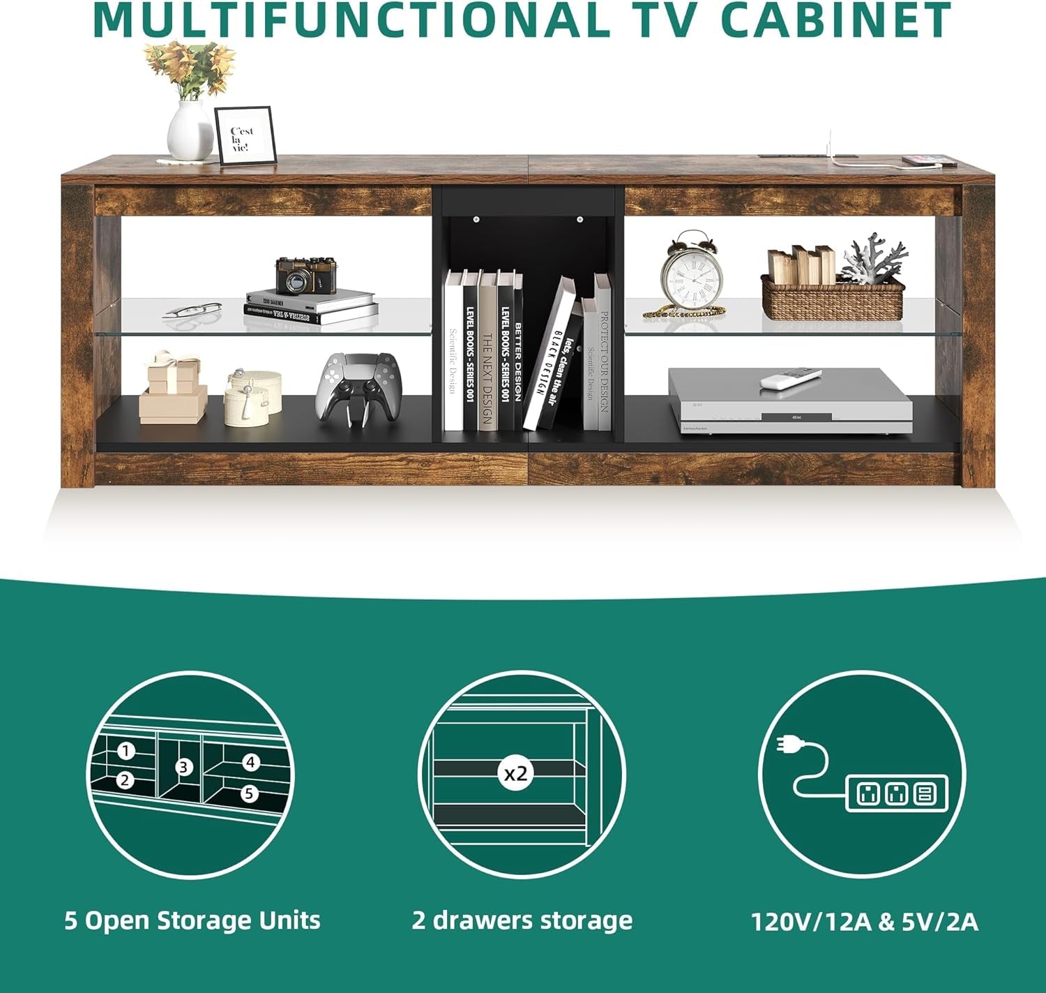 LED TV Stand With RGB Lighting And Power Outlets For 60 Inch TVs Rustic Brown