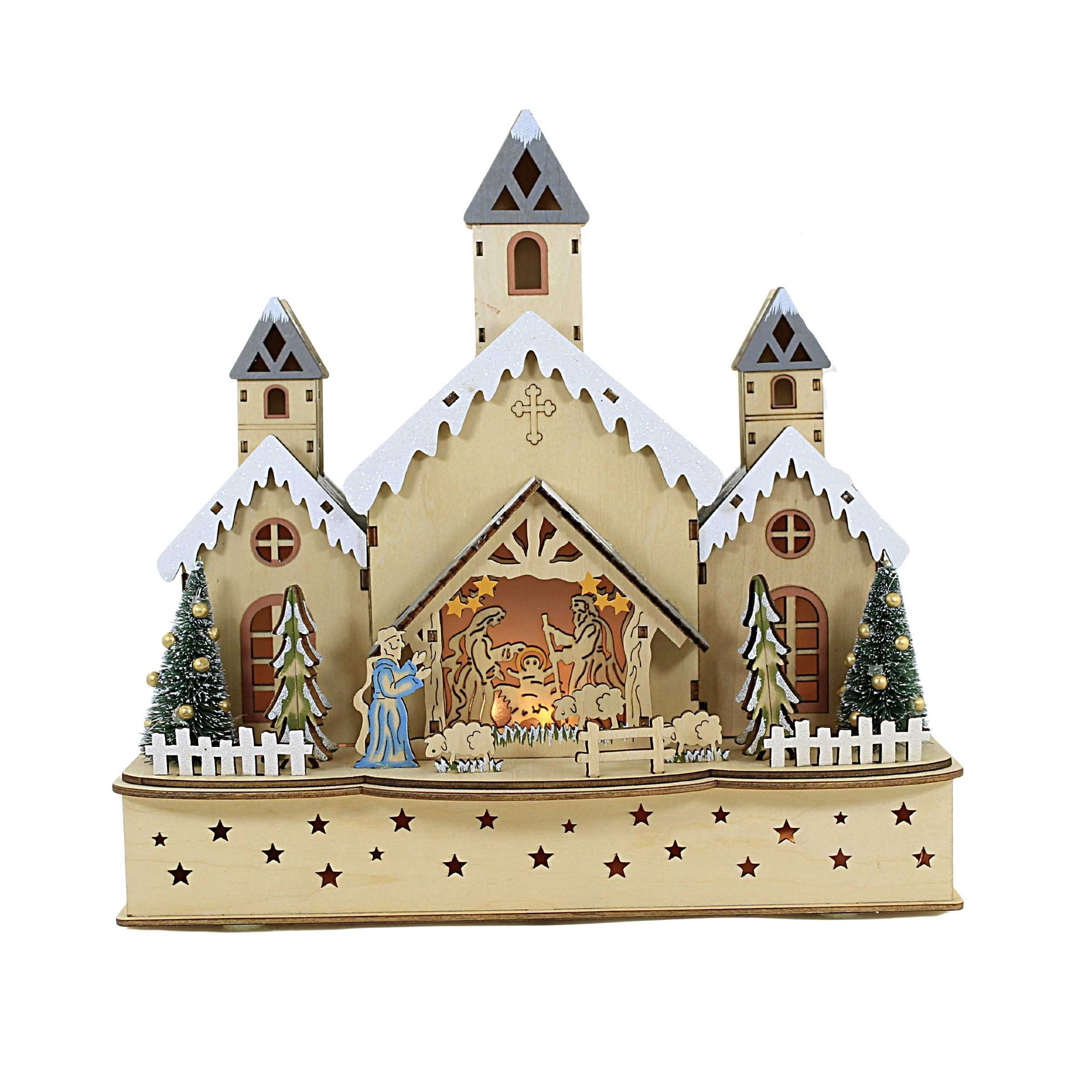 LED Wooden Church with Nativity Scene - 12 inch