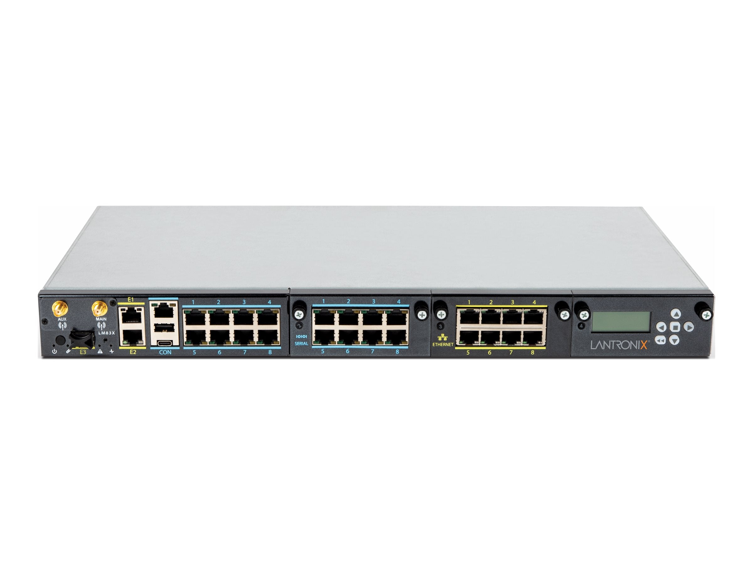 Lantronix LM83X - Console server - FIPS certified, 24 serial ports, 8 dedicated Ethernet ports, LCD module, 3 Ethernet ports, 83X-24S-E24-YAA