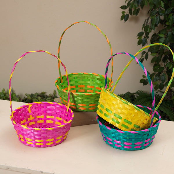 Large Bamboo Easter Basket with Wrapped Handle - Blue