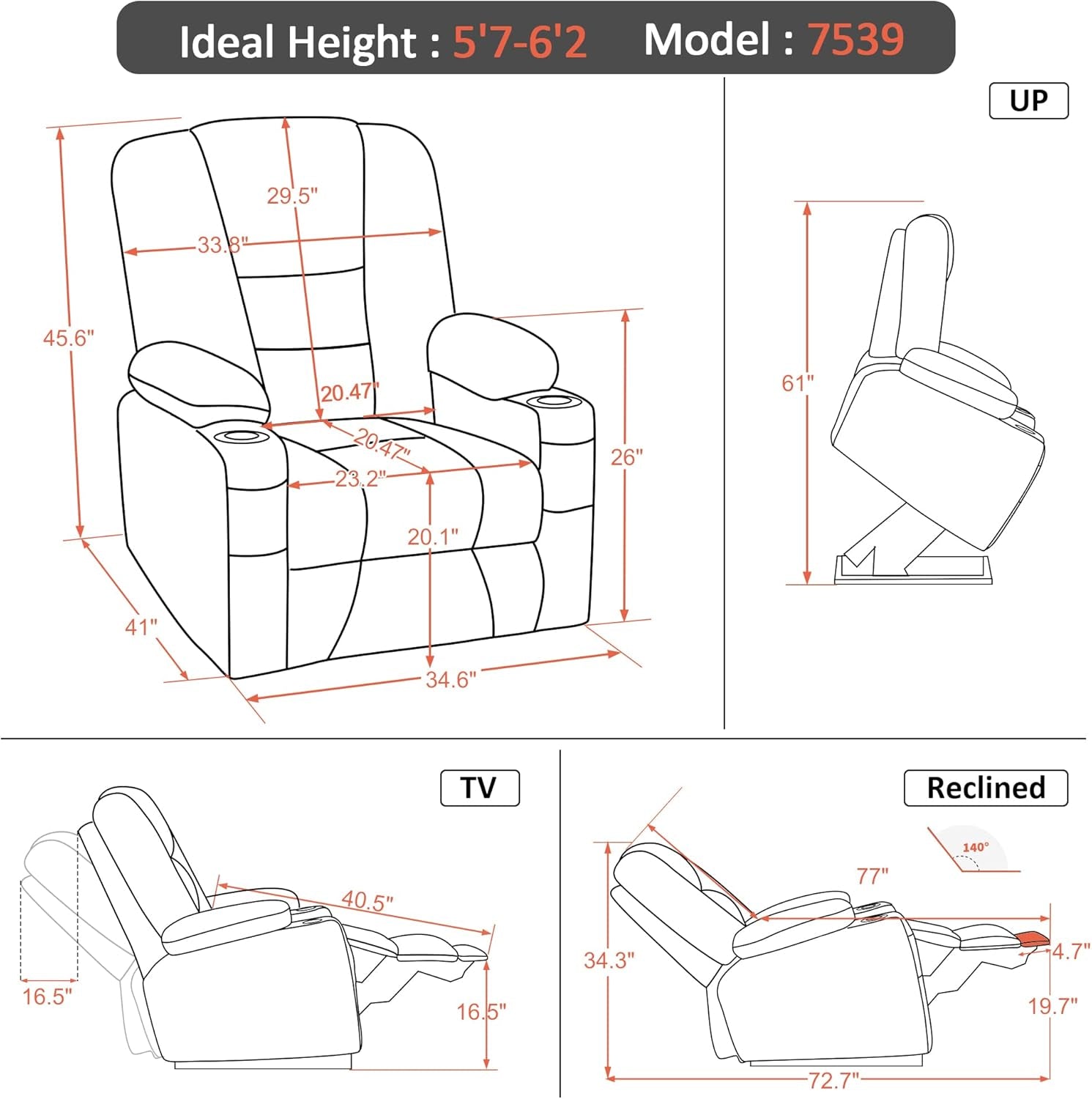 Large Power Lift Recliner With Massage And USB Ports