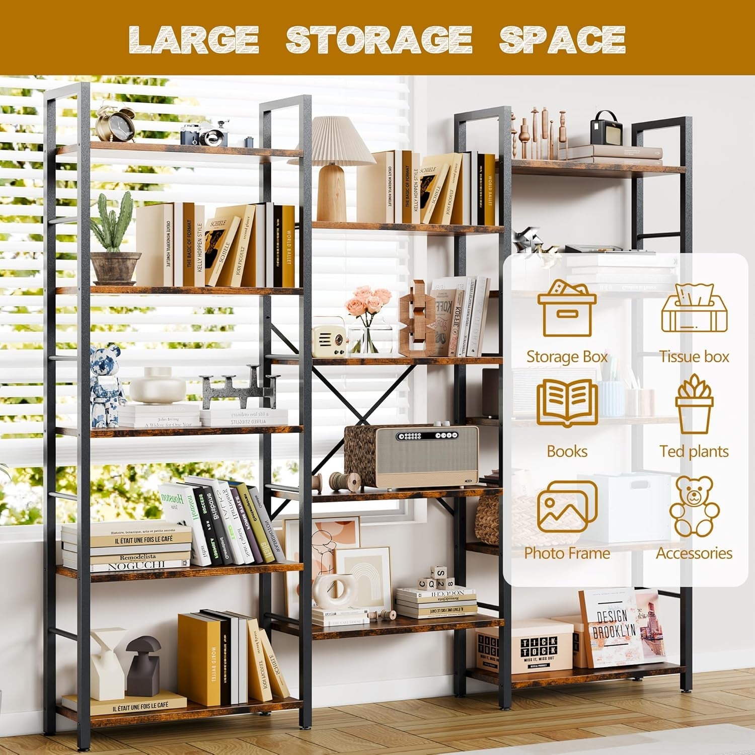 Large Rustic Industrial Bookshelf With 14 Open Shelves