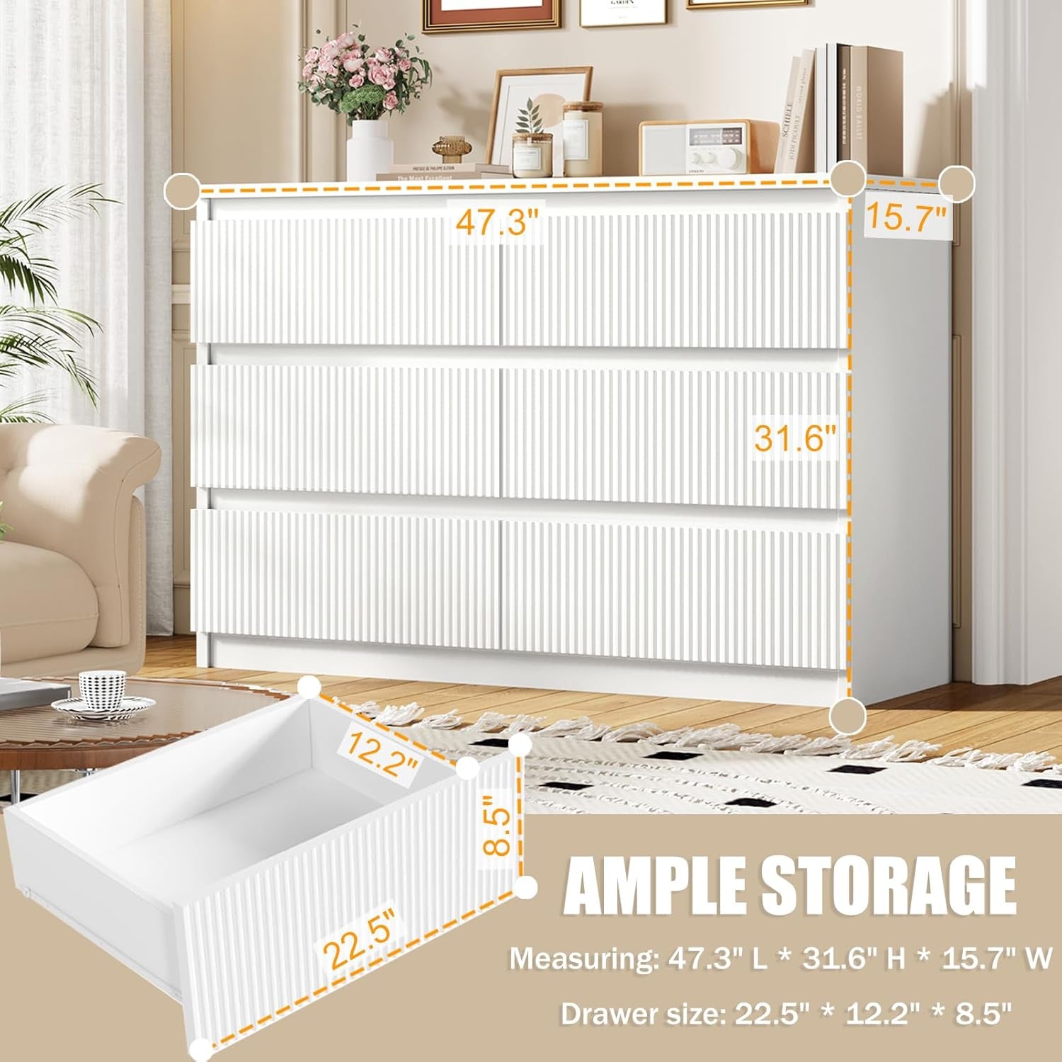 Large White Dresser With Fluted Panels Six Drawers