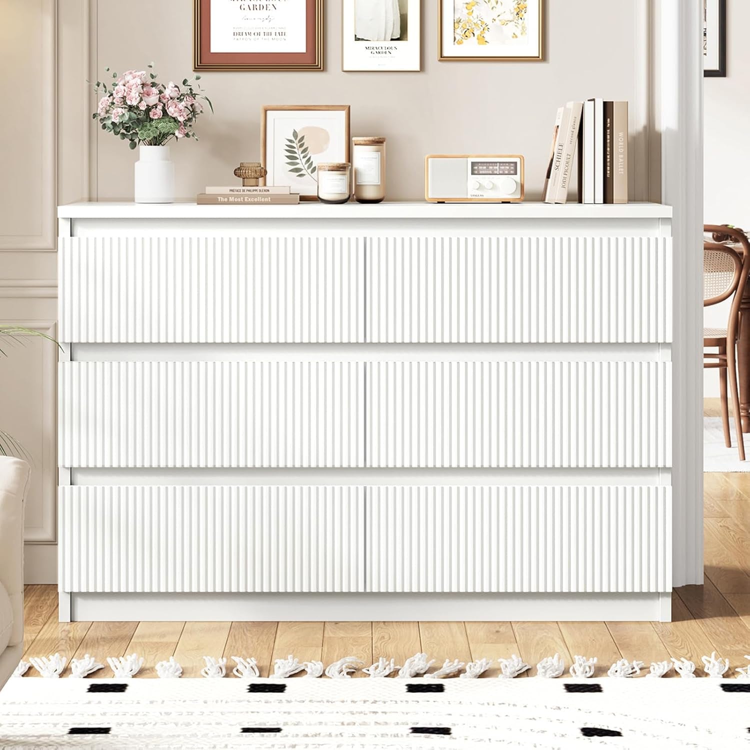 Large White Dresser With Fluted Panels Six Drawers