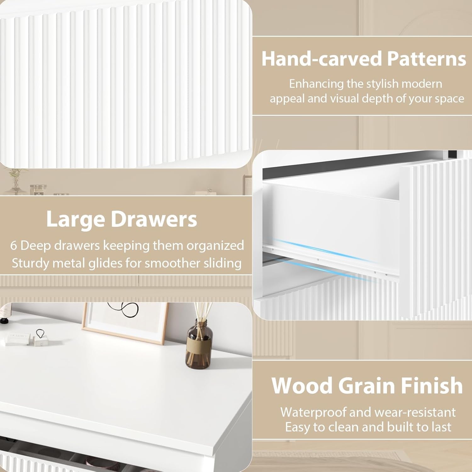 Large White Dresser With Fluted Panels Six Drawers