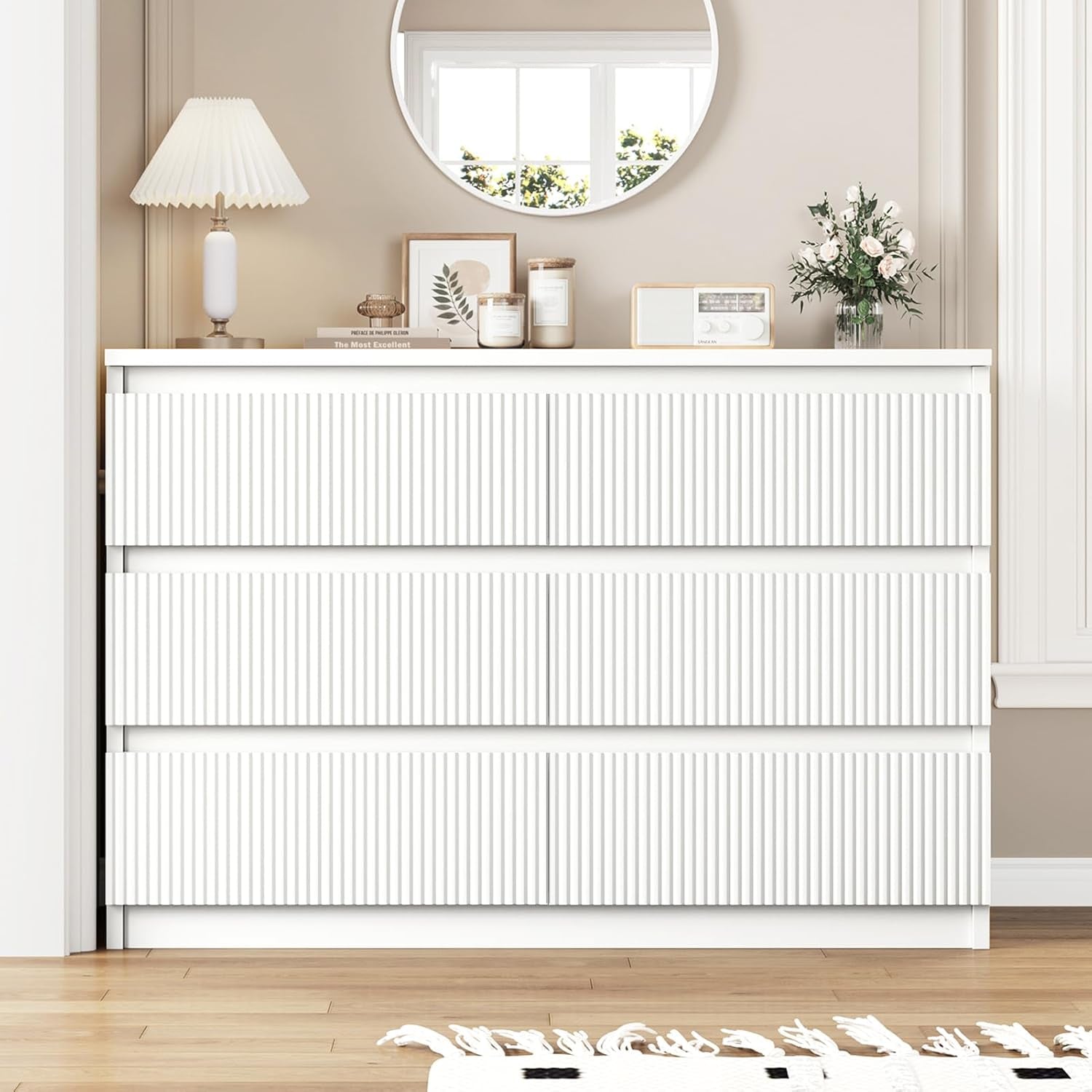 Large White Dresser With Fluted Panels Six Drawers