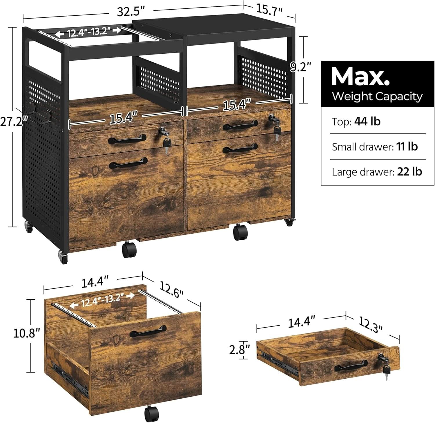 Lateral File Cabinet Printer Stand Drawers Rustic Brown