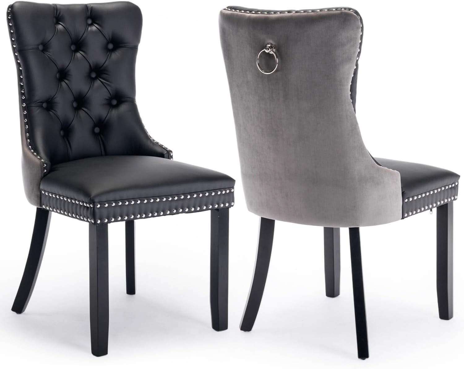 Leather Dining Chairs Set of 2 Black Nailhead Trim