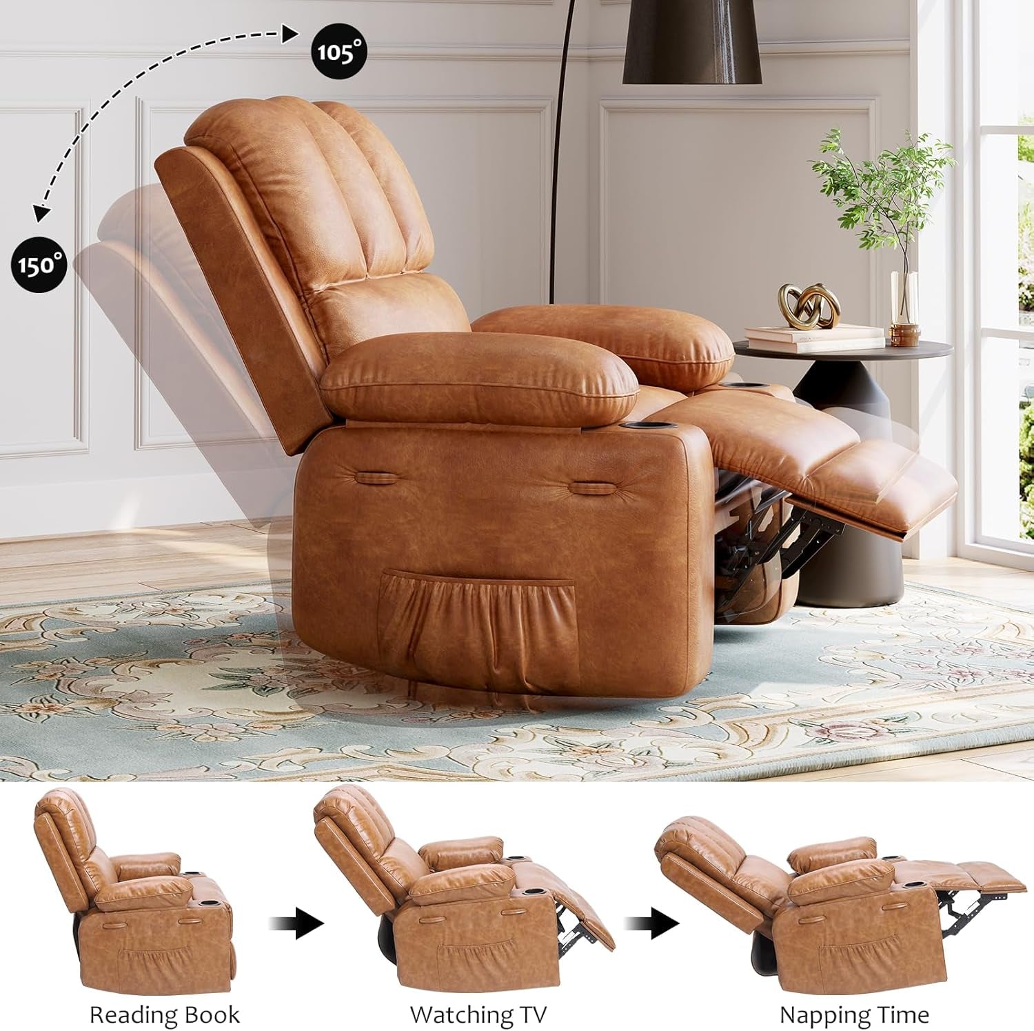 Leather Recliner Chair With Cup Holders Cognac Living Room