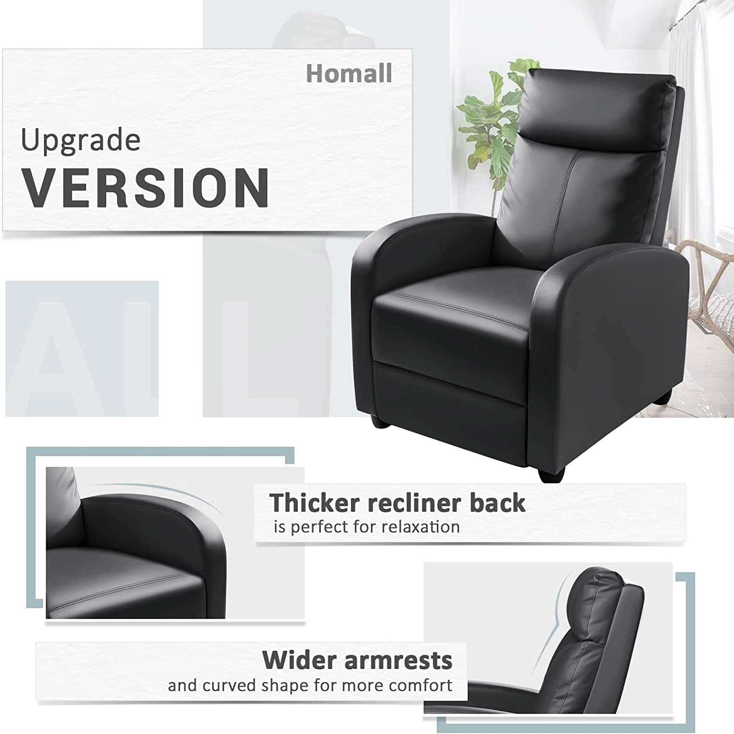 Leather Recliner Chair With Lumbar Support, Black, 90 To 180 Degree Adjustable