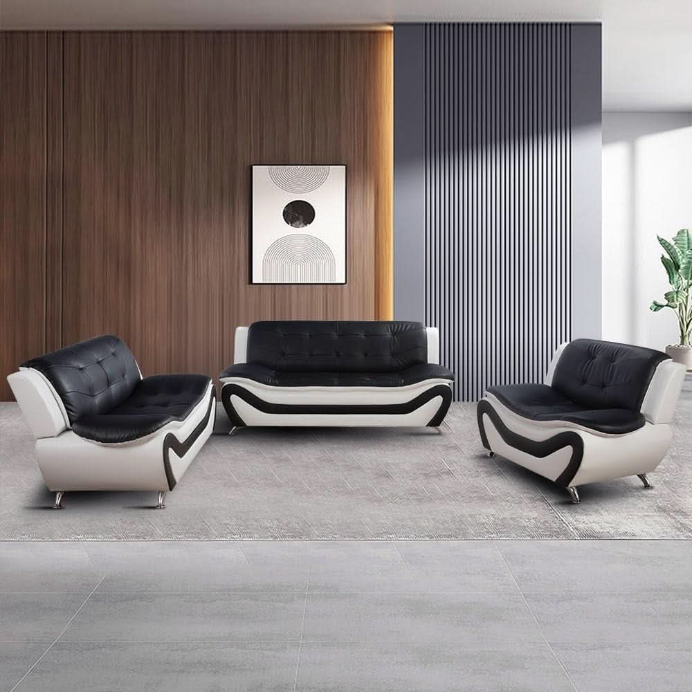 Leather Sofa Set for Living Room 3 Piece Black and White Modern