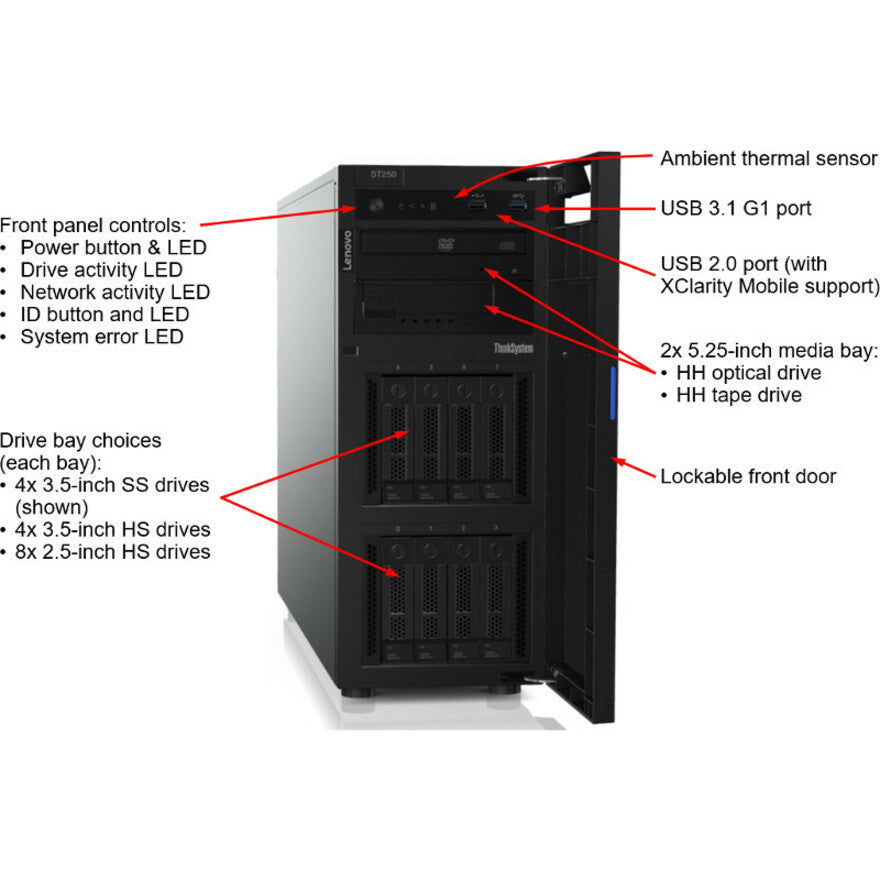 Lenovo Thinksystem St250 7Y46A01Lna 4U Tower Server - 1 X Intel Xeon E-2186G 3.80 Ghz - 16 Gb Ram - Serial Ata/600 Controller