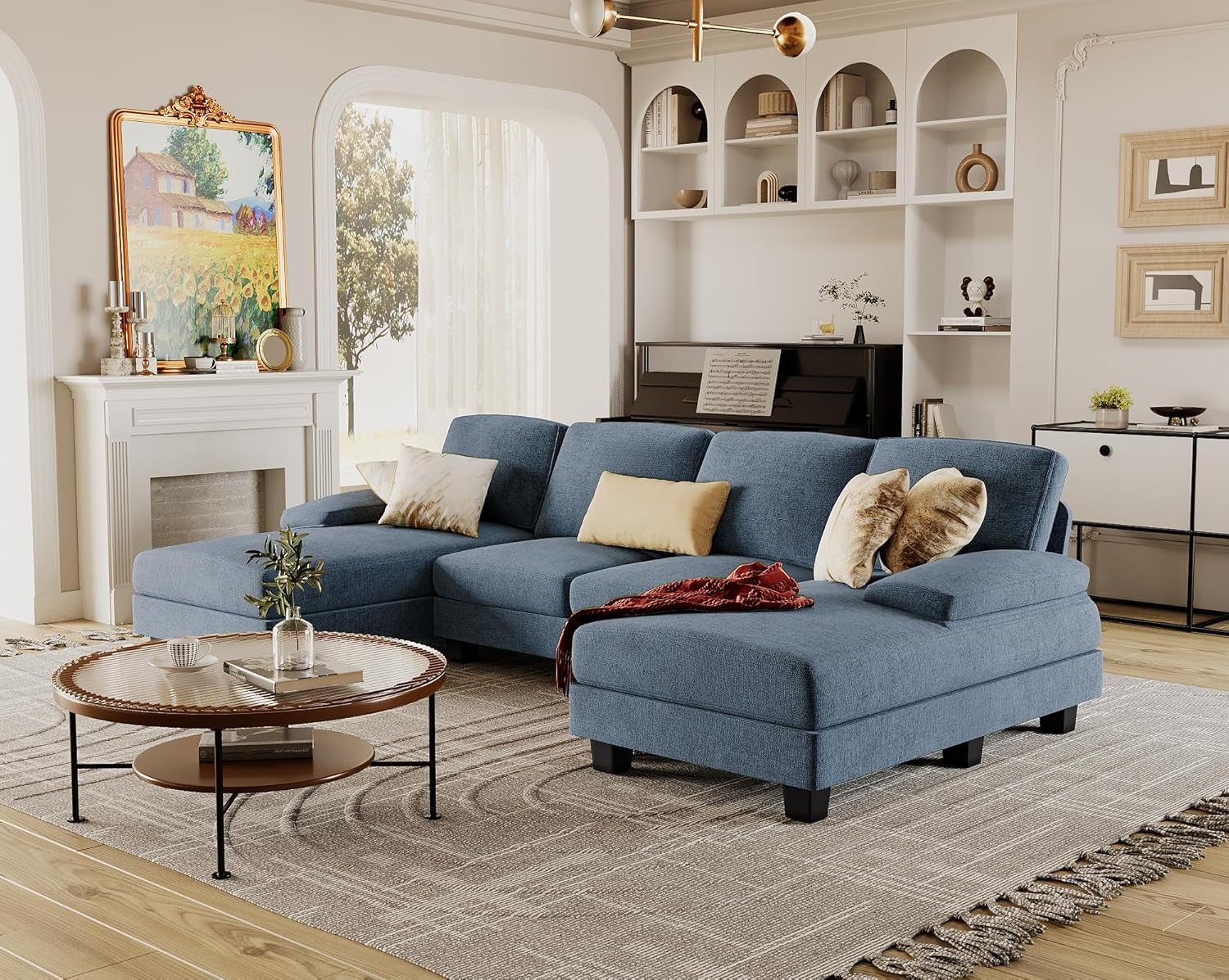 Light Blue U Shaped Sectional Sofa With Linen Fabric 4 Seat