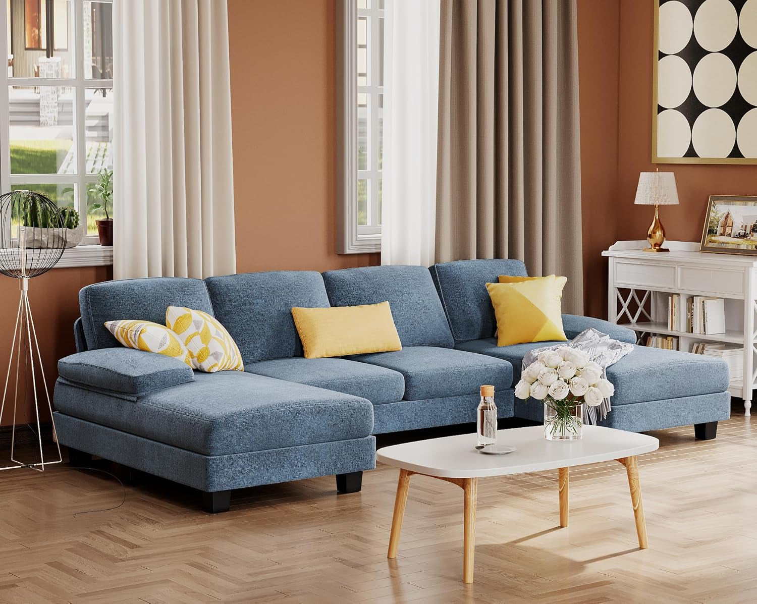Light Blue U Shaped Sectional Sofa With Linen Fabric 4 Seat
