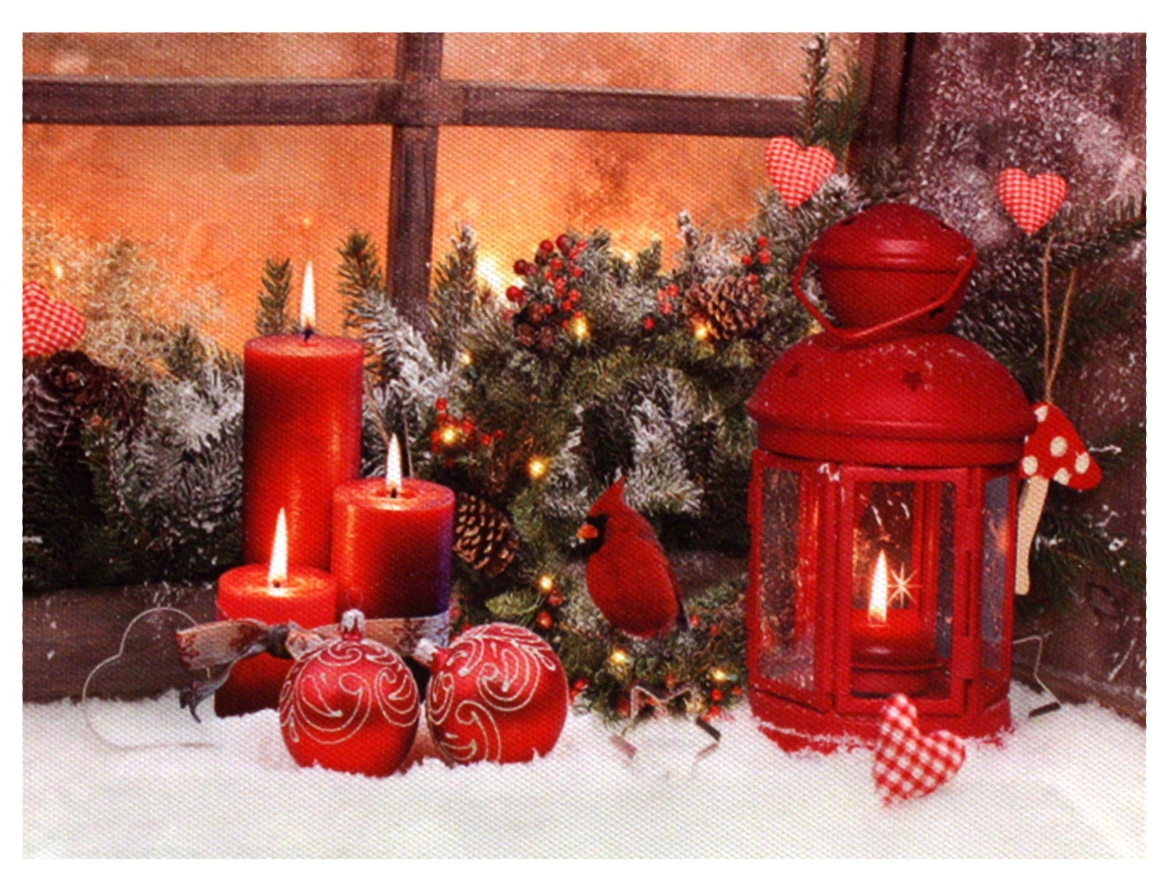 Lighted Canvas Print - Cardinal With Red Candles And Red Ornaments