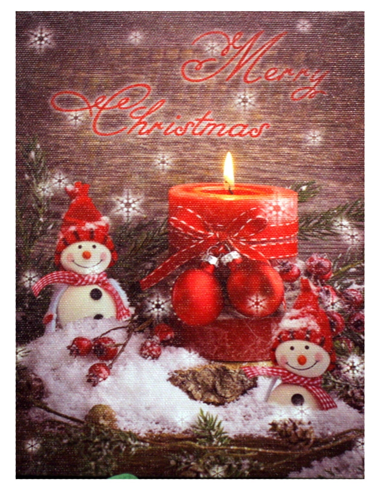 Lighted Canvas Print - Merry Christmas Snowmen With Red Candles
