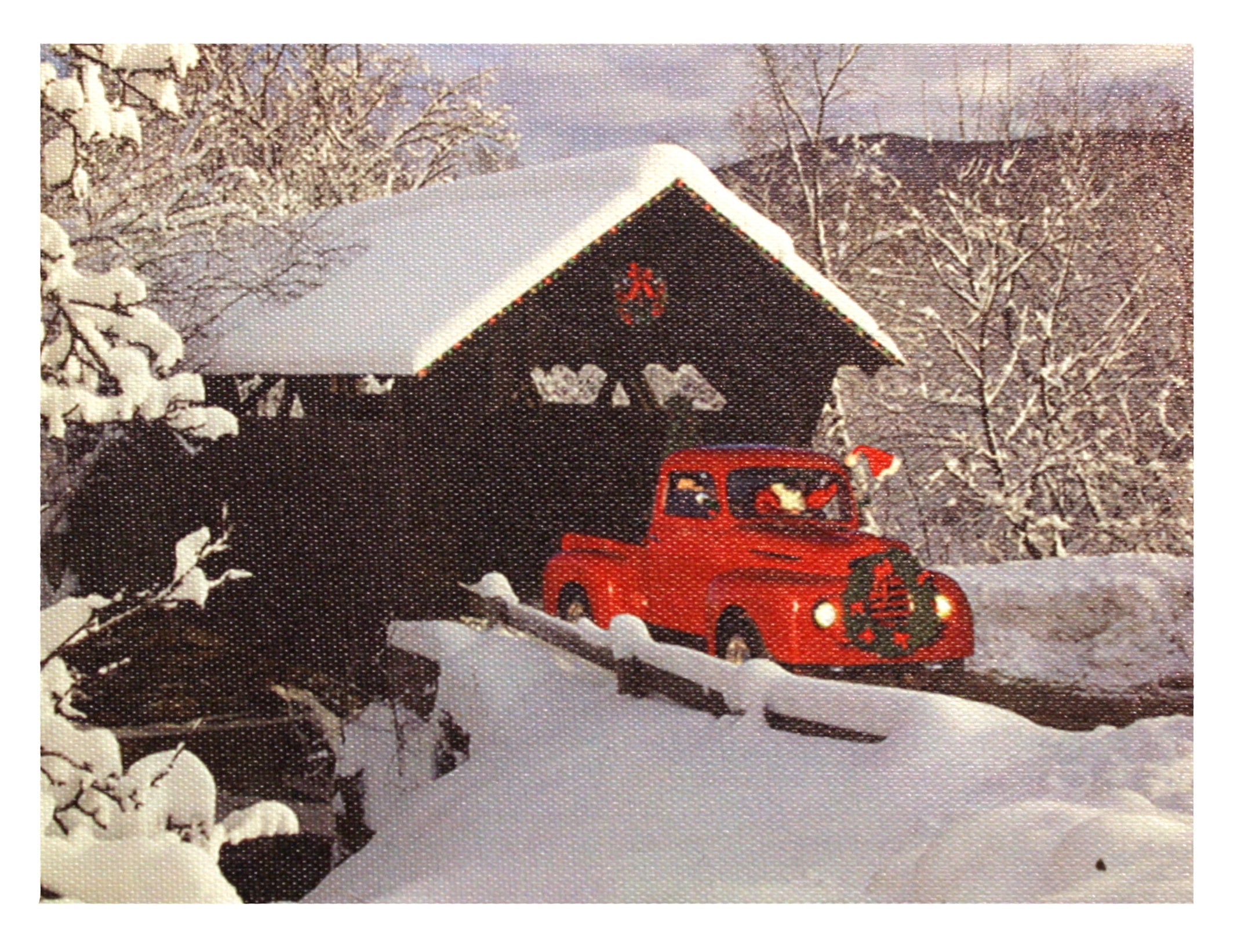 Lighted Canvas Print - Santa In Red Truck Going Under Covered Bridge