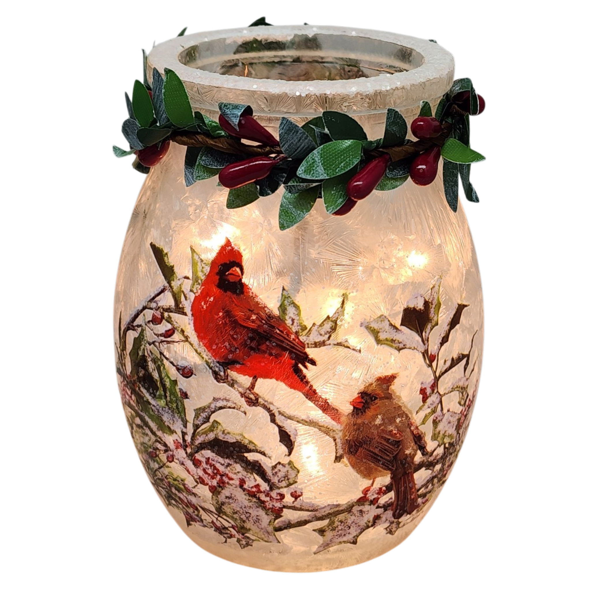 Lighted Glass Jar with Garland - Holly & Cardinals