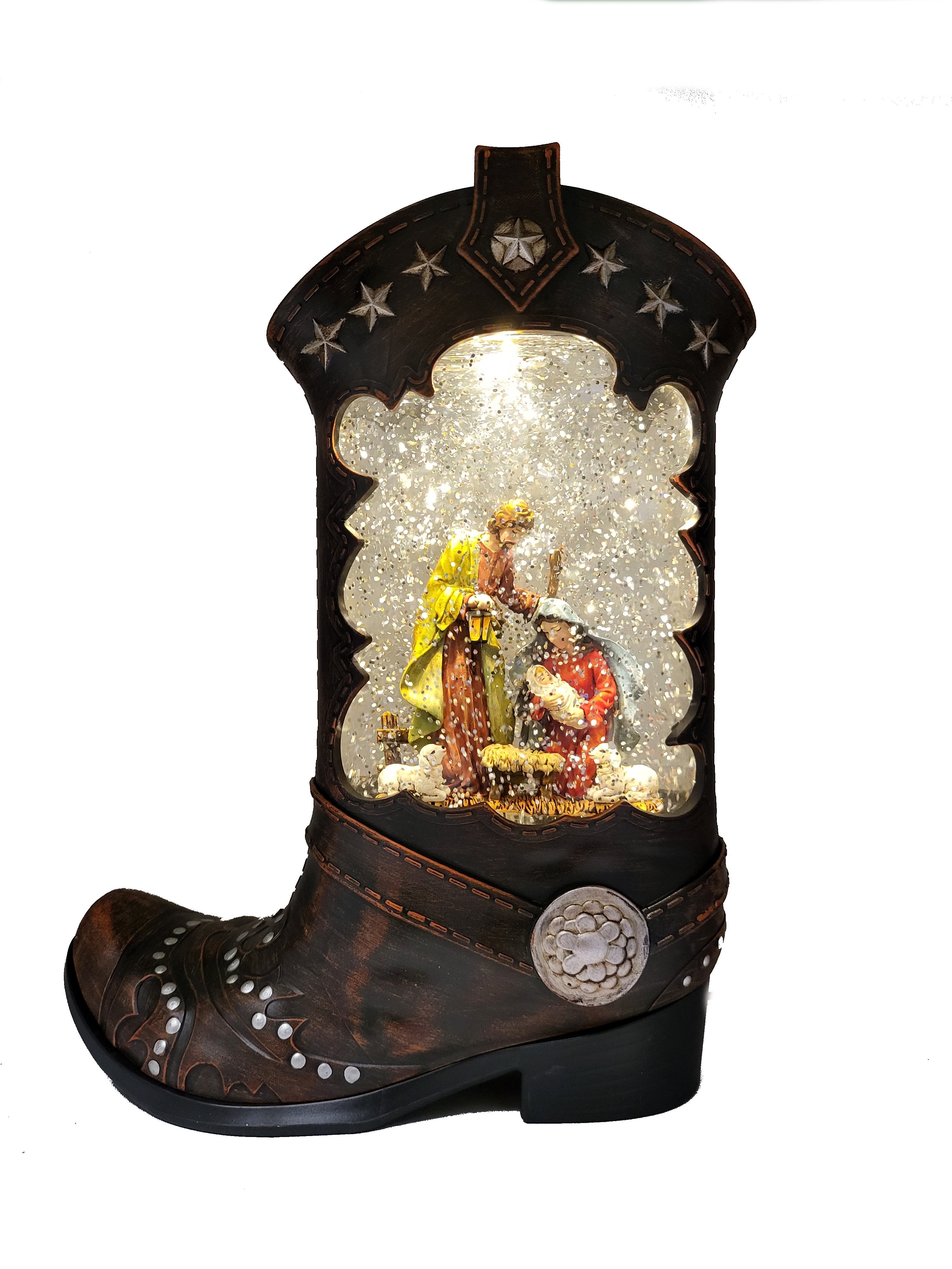 Lighted Spinning Waterglobe Boot with Nativity Figurine -