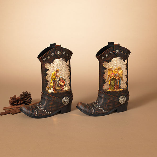 Lighted Spinning Waterglobe Boot with Nativity Figurine -