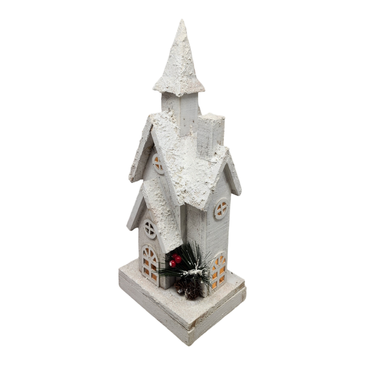 Lighted White Wood Church- 15.5 Inch