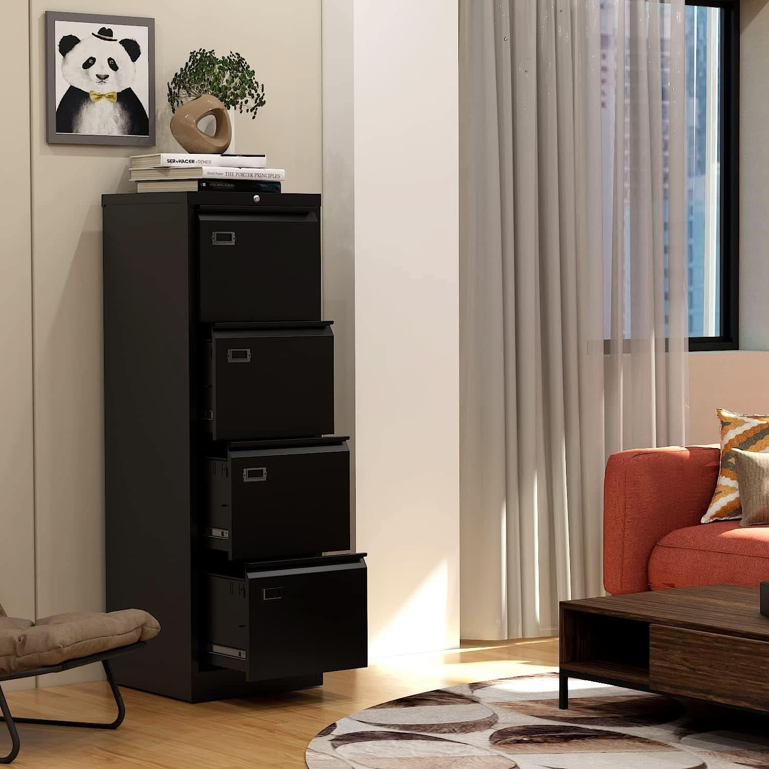 Lockable 4 Drawer Vertical File Cabinet Black Metal For Home Office