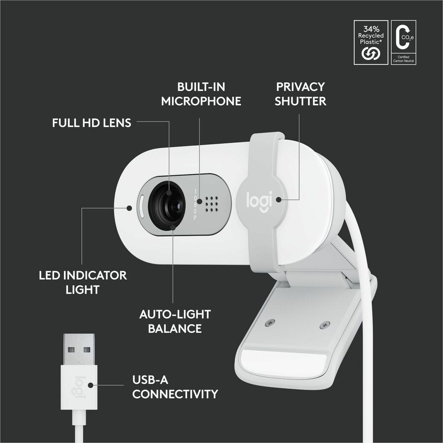 Logitech BRIO 100 Webcam - 2 Megapixel - Off White - USB Type A - 1 Pack(s) - 1920 x 1080