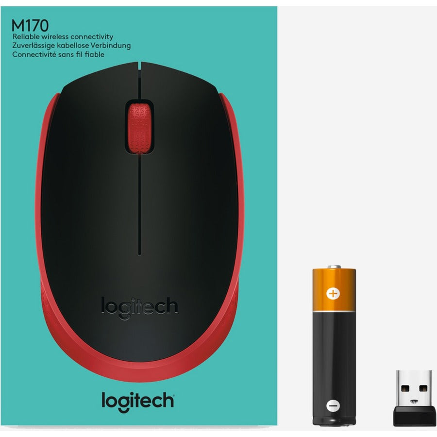 Logitech M170 Wireless Compact Mouse (Red) - Optical - Wireless - Radio Frequency - 2.40 G