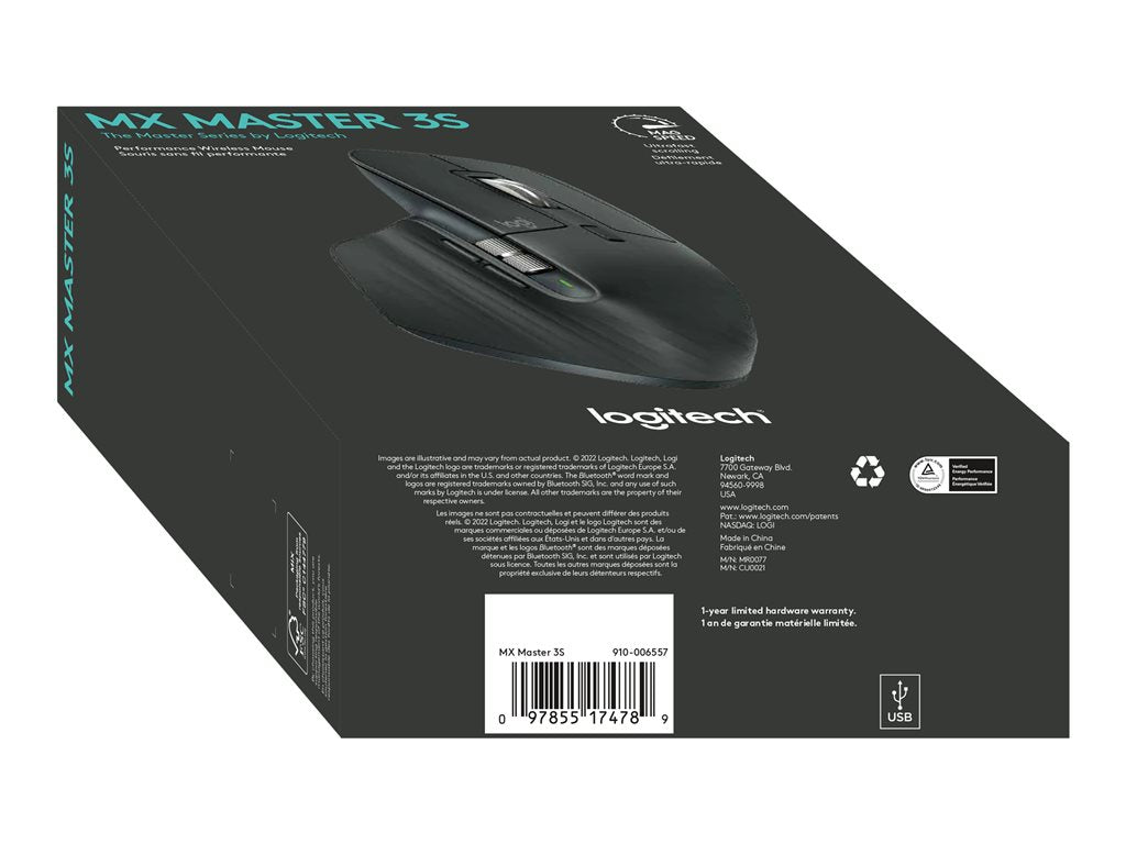 Logitech Master Series MX Master 3S - Mouse - ergonomic - optical - 7 buttons - wireless - Bluetooth, 2.4 GHz - Logitech