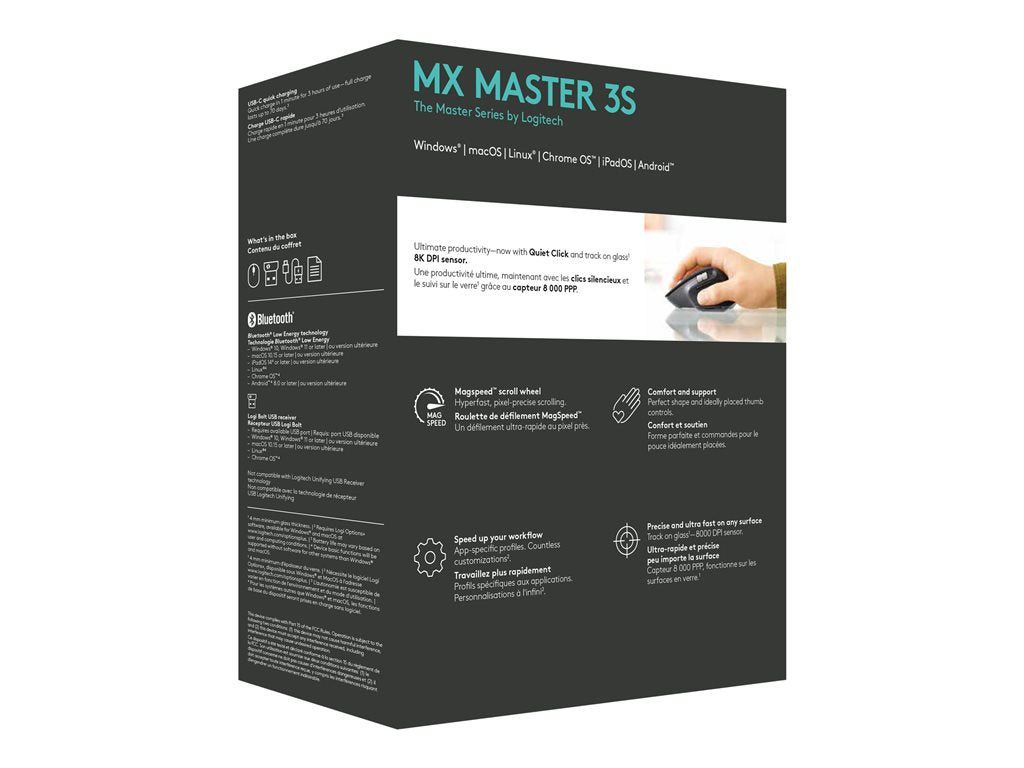 Logitech Master Series MX Master 3S - Mouse - ergonomic - optical - 7 buttons - wireless - Bluetooth, 2.4 GHz - Logitech
