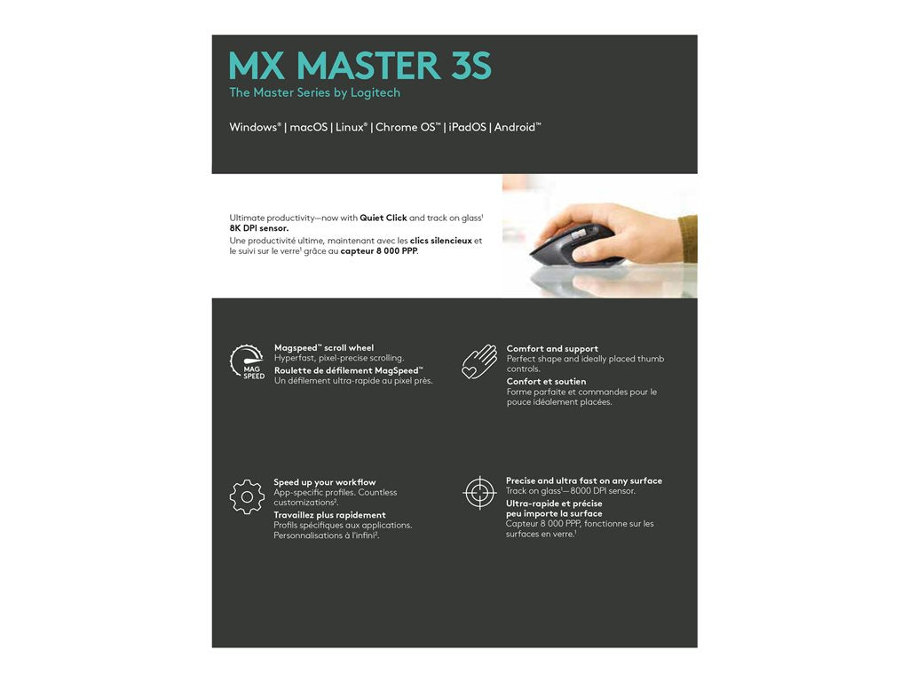 Logitech Master Series MX Master 3S - Mouse - ergonomic - optical - 7 buttons - wireless - Bluetooth, 2.4 GHz - Logitech