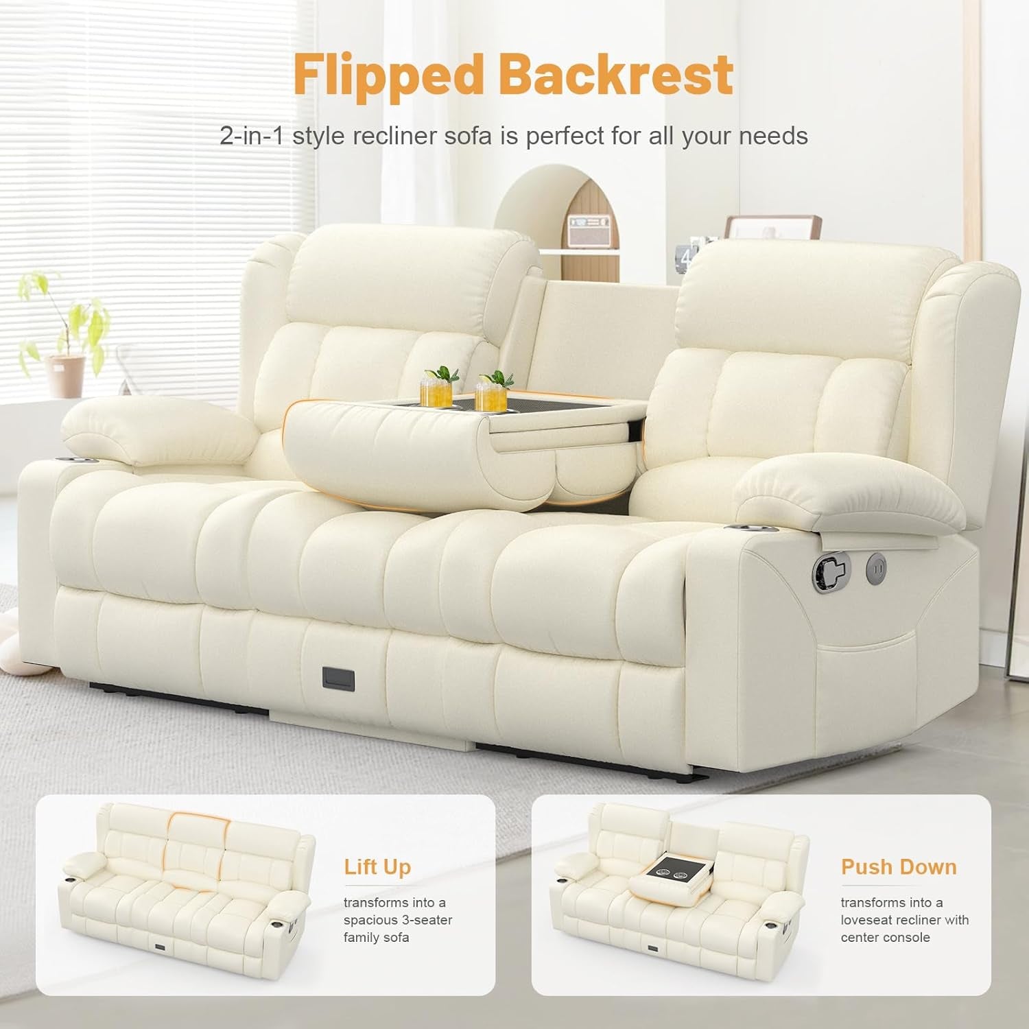 Loveseat Recliner Sofa With Flip Backrest And Ivory White PU Leather
