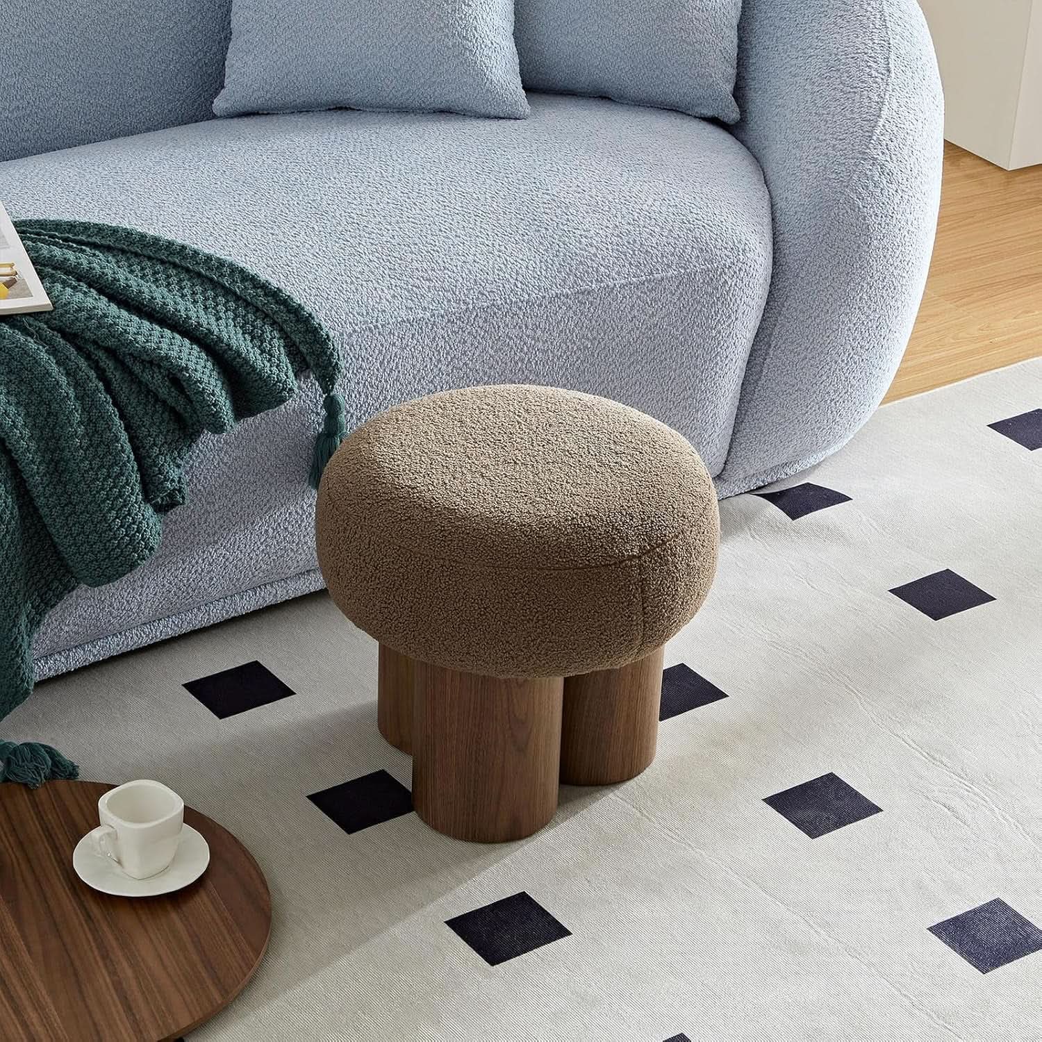 Luxurious Dark Brown Boucle Round Ottoman Footstool