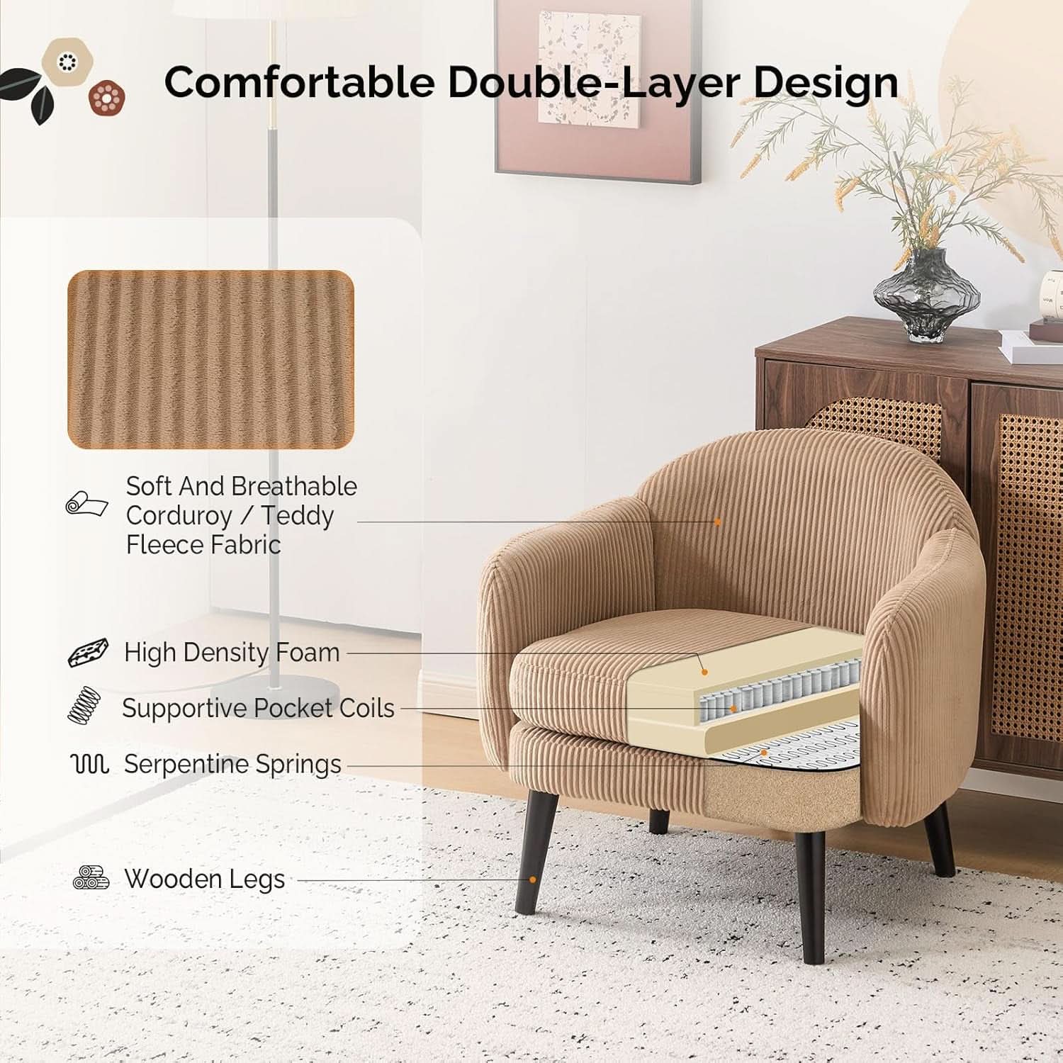 Luxurious Khaki Corduroy Barrel Chair Set 30Inches