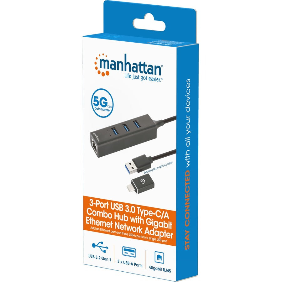 Manhattan 3-Port USB 3.0 Type-C/A Combo Hub with Gigabit Ethernet Network Adapter - USB