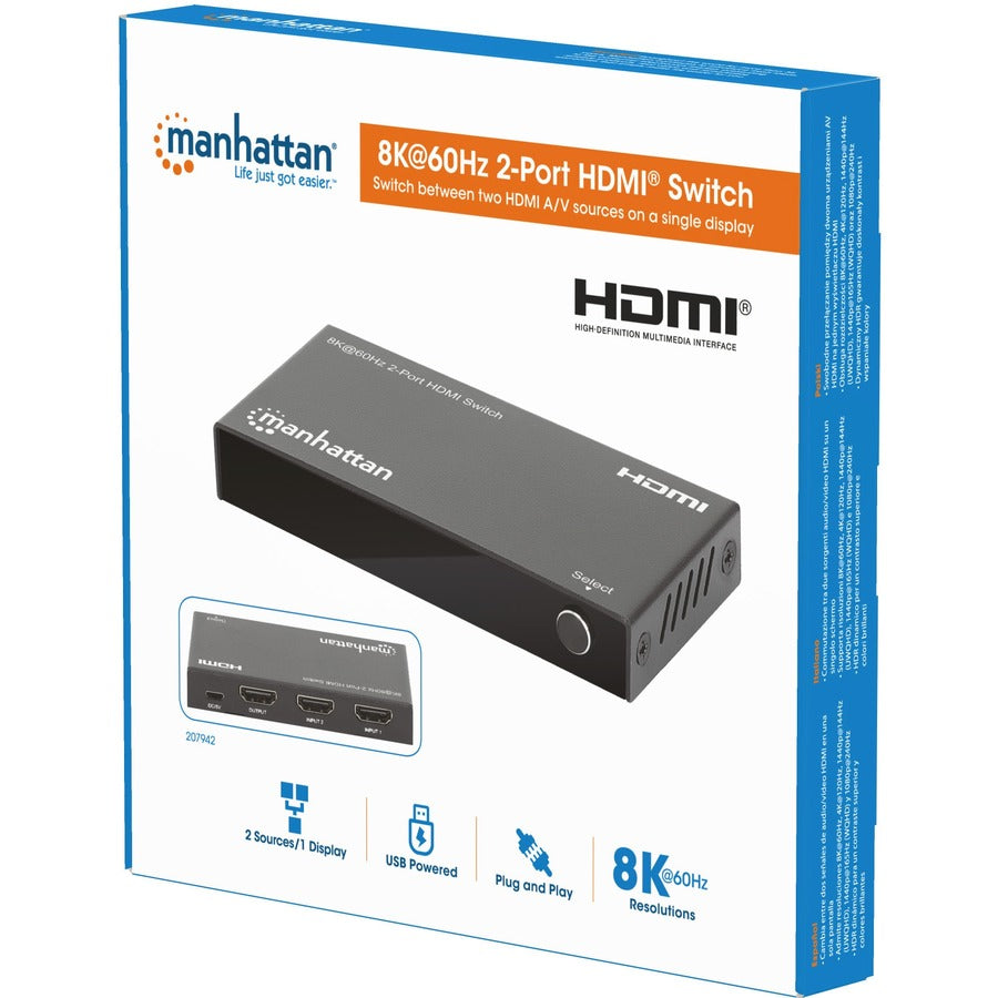 Manhattan 8K@60Hz 2-Port HDMI Switch - 7680 x 4320 - 8K - 1080p2 x 1 - Display - 1 x HDMI