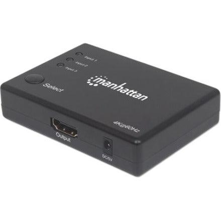 Manhattan HDMI Switch 3-Port (Compact), 4K@60Hz, Connects x3 HDMI sources to x1 display, Remote Control and Manual Switching (via button), AC Powered (cable 1.2m), Black, Three Year Warranty, Blister (With Euro 2-pin plug)