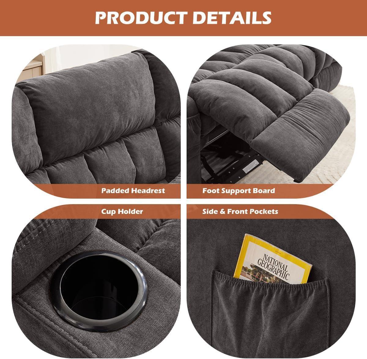 Manual Recliner Sofa With Cup Holders Fabric Upholstery
