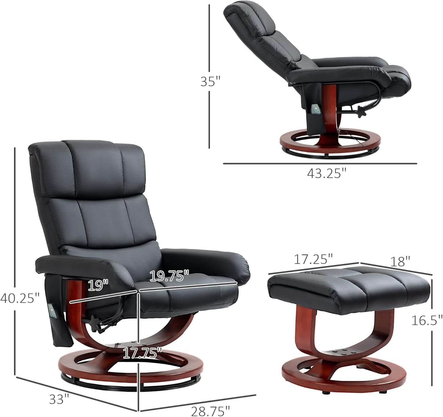 Massage Swivel Recliner Chair Black With Ottoman And Remote