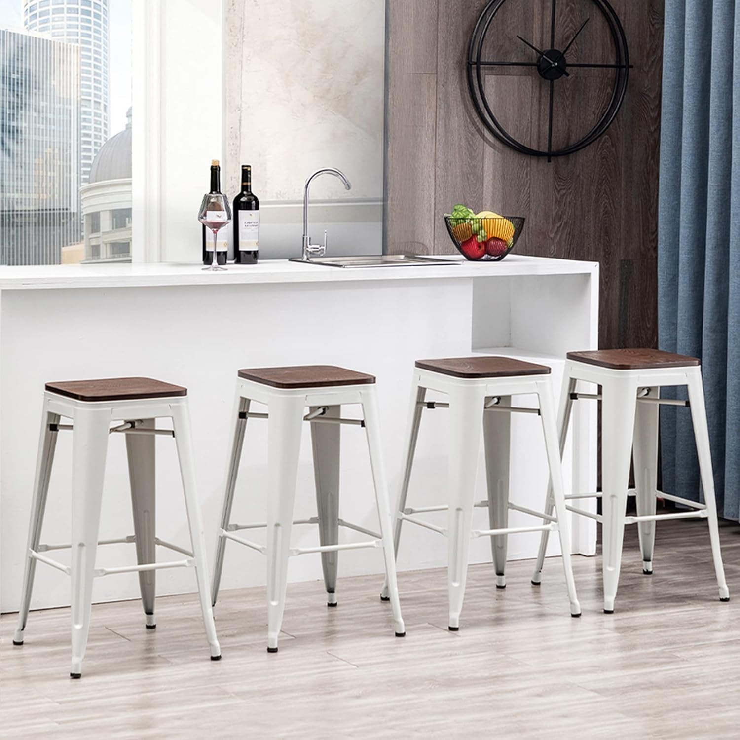 Metal Bar Stools Set of Four Backless Stackable Design